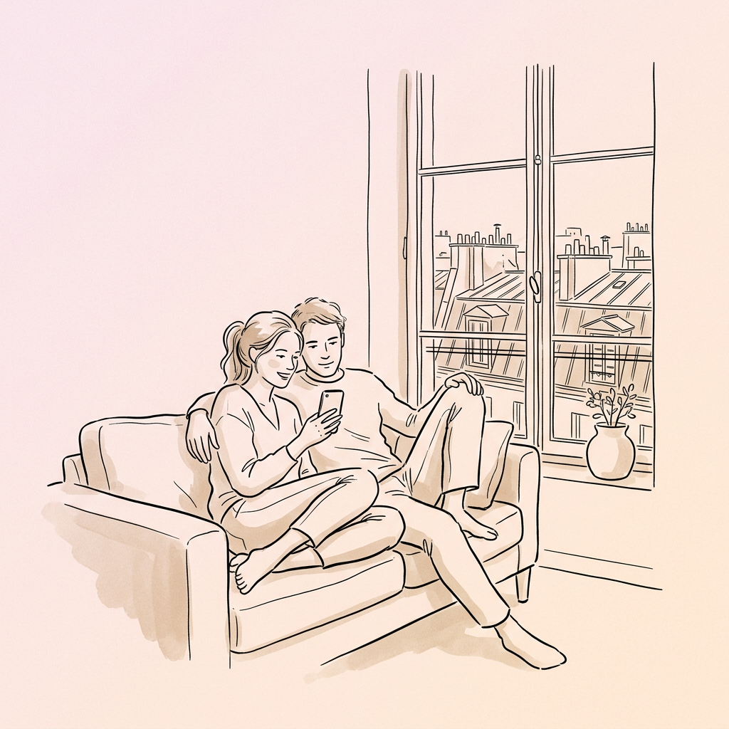 Dessin au trait d’un couple sur un canapé regardant un téléphone, avec les toits derrière la fenêtre